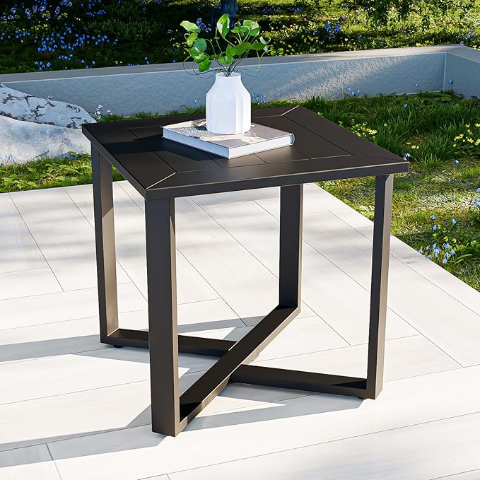 COOS BAY Iron Luxe Outdoor Side Table, Modern Weather Resistant Steel Patio End Table for Backyard, Garden, Deck, Porch, Balcony, Black