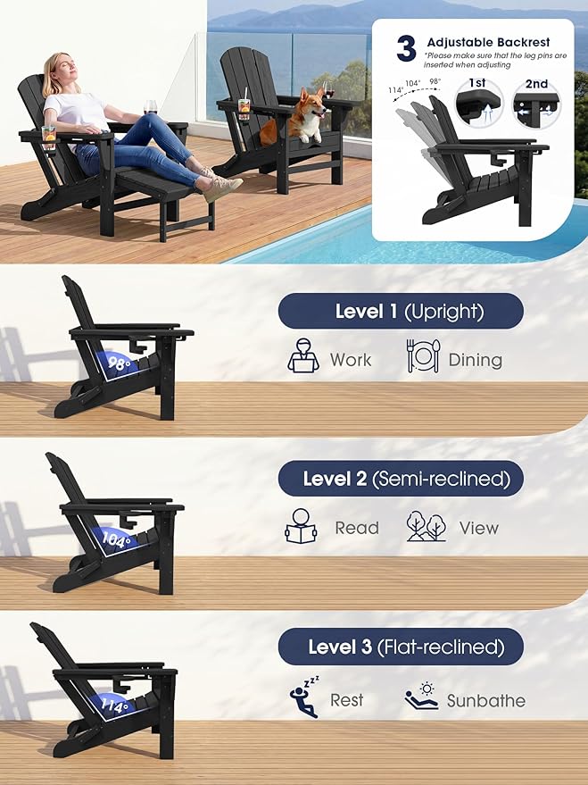 KINGYES Folding Adjustable Adirondack Chair with Retractable Ottoman, HDPE Recliner Adirondack Chair with Cup Holder, Black