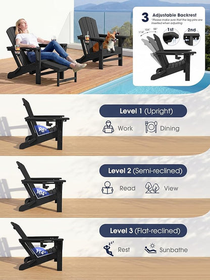 KINGYES Folding Adjustable Adirondack Chair with Retractable Ottoman, HDPE Recliner Adirondack Chair with Cup Holder, Black