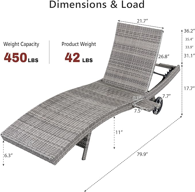 Patio Wicker Chaise Lounge Chairs Set of 2, Outdoor Reclining Lounge Chair w/Rolling Wheels, Pull-Out Side Table - Photo 2