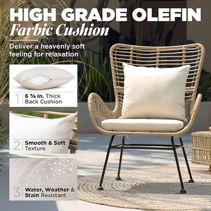 IDZO Isabelle Wicker Chairs Set of 2, 2000 Hours UV Wicker Rattan Chair, 500lbs Capacity Boho Patio Chairs with Thick Olefin Cushions and Pillows for Patio, Indoor Use