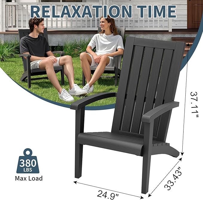 NUNU LAB Oversized Adirondack Chair, Plastic All-Weather Resistant Wooden Textured Lawn Chair, Black Outdoor Patio Chair - Photo 3