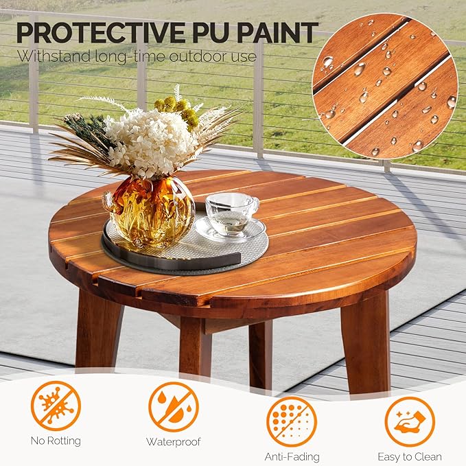 VINGLI Solid Wood Outdoor Side Table, Weather-Resistant Round Patio End Accent Table for Garden, Balcony, Porch, Natural