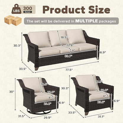 5 Pieces Patio Conversation Furniture Set - 1 Sofa, 2 Armchairs, 2 Swivel Chairs, Outdoor Wicker Furniture with Removable Cushions for Porch, Balcony, Sunroom (Beige)