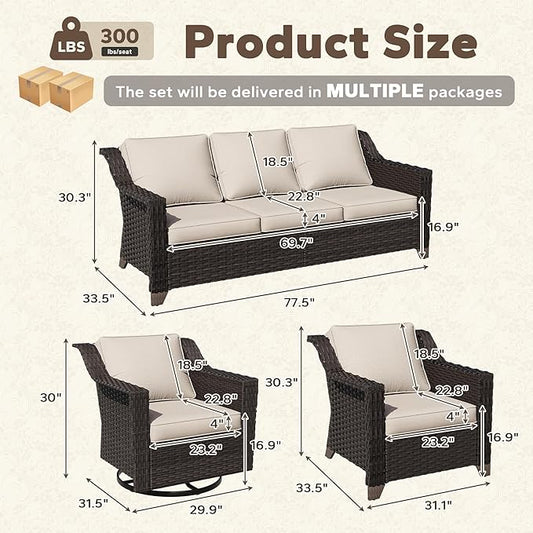 5 Pieces Patio Conversation Furniture Set - 1 Sofa, 2 Armchairs, 2 Swivel Chairs, Outdoor Wicker Furniture with Removable Cushions for Porch, Balcony, Sunroom (Beige)