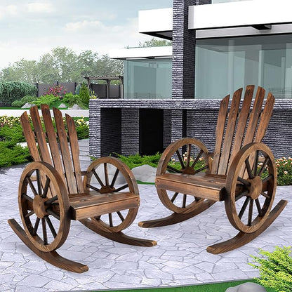 Outdoor Wood Rocking Chair Set of 2 - Patio Wagon Wheel Rocking Chair 2 PCS, Rustic Rocker Single Chairs for Country, Yard, Porch