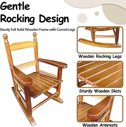 Toddler Rocking Chair for Kids Age 2-5, Hardwood Porch Rocker with Back Support & Armrest for Small Spaces Living Room Outdoor Garden, Easy Assembly (Oak)