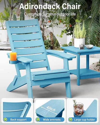 YEFU Adirondack Chair, Folding Adirondack Chairs Set of 2 with Arc Back & Cup Holder, Weather Resistant Plastic Oversized Chair for Outdoor Patio Lawn Garden Backyard Deck Fire Pit, Blue