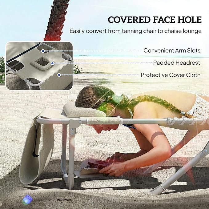 Outsunny Tanning Chair with Face Hole, Side Table, 5-Position Reclining Folding Chaise Lounge Chair Outdoor Lounger Recliner, Carry Straps for Beach Pool Camp, Breathable Mesh, Beige