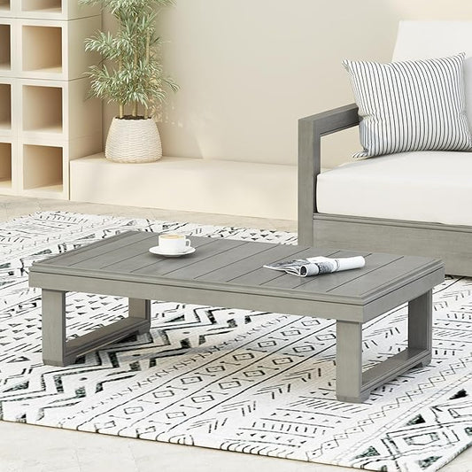 Christopher Knight Home Westchester Rectangular Outdoor Coffee Table, Slat Panel Side Table, Acacia Wood Side Desk for Backyard Balcony Garden, Weather Resistant Patio Tea Table, Light Grey