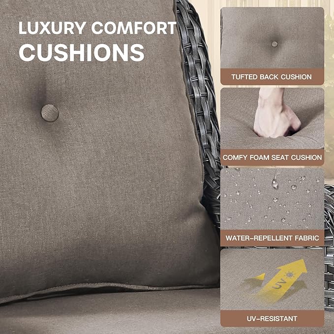 Patio Loveseat Glider Set, Resin Wicker Loveseat Glider with 4 Swivel Patio Chiars Coffee Table 2 Side Table, 8 Piece Patio Conversation Loveseat Set, Brown Wicker|Grey Cushions