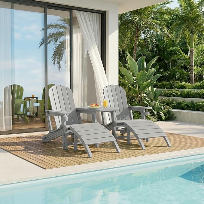 Shintenchi Adirondack Chair Set of 2,HDPE Adirondack Chairs with Umbrella Hole Connecting Tray & 2 Curved Ottoman,Plastic Outdoor Chairs with Cup Holders for Garden Backyard Pool,Light Gray