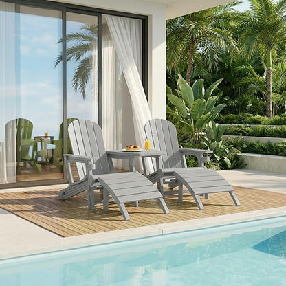 Shintenchi Adirondack Chair Set of 2,HDPE Adirondack Chairs with Umbrella Hole Connecting Tray & 2 Curved Ottoman,Plastic Outdoor Chairs with Cup Holders for Garden Backyard Pool,Light Gray