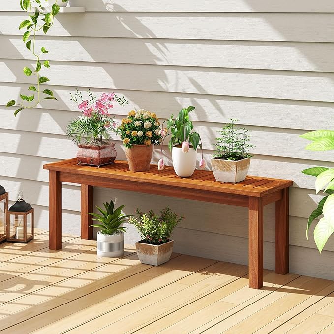 Tangkula Outdoor Wood Bench, 2-Person Backless Patio Garden Bench with Slatted Seat, Front Porch Dining Seating Furniture for Deck, Yard and Park (1)