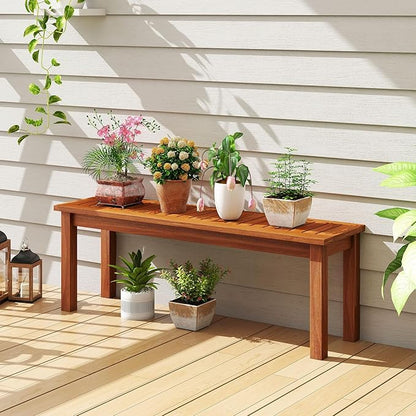 Tangkula Outdoor Wood Bench, 2-Person Backless Patio Garden Bench with Slatted Seat, Front Porch Dining Seating Furniture for Deck, Yard and Park (1)