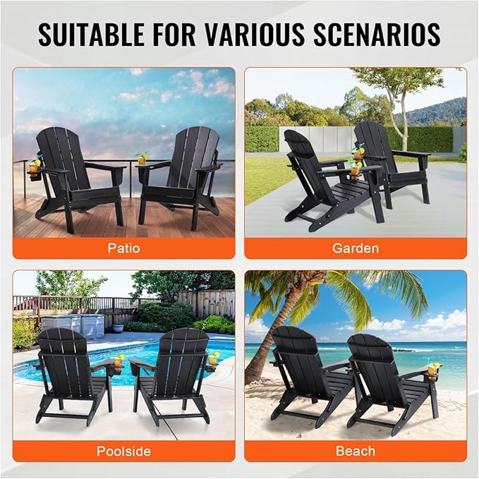 Adirondack Chair Plastic Set of 2 All-Weather Folding Fire Pit Black