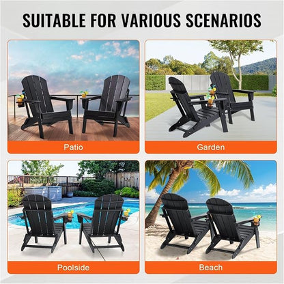 Adirondack Chair Plastic Set of 2 All-Weather Folding Fire Pit Black