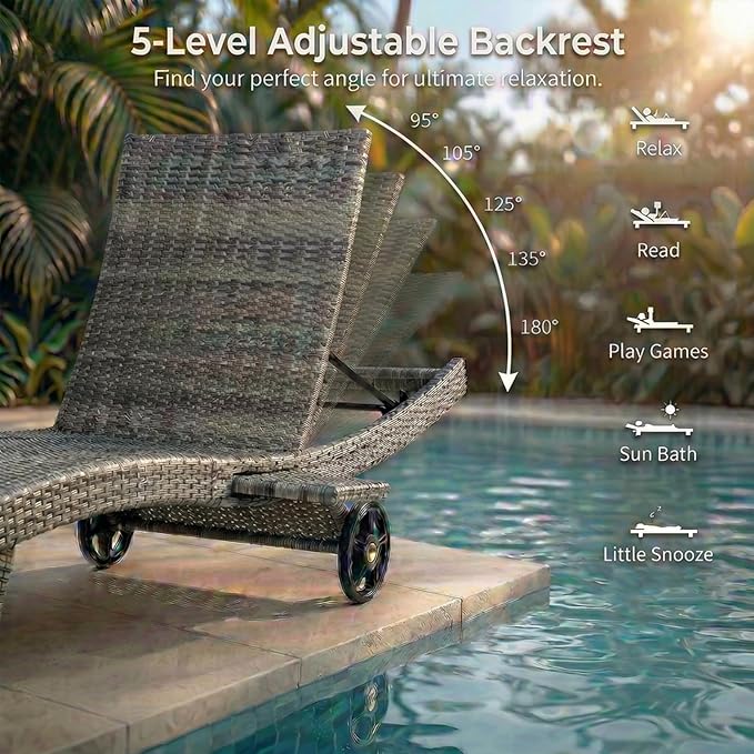 Wicker Outdoor Lounge Chairs with Rolling Wheels, Pool Lounge Chairs Set of 2 - Photo 6