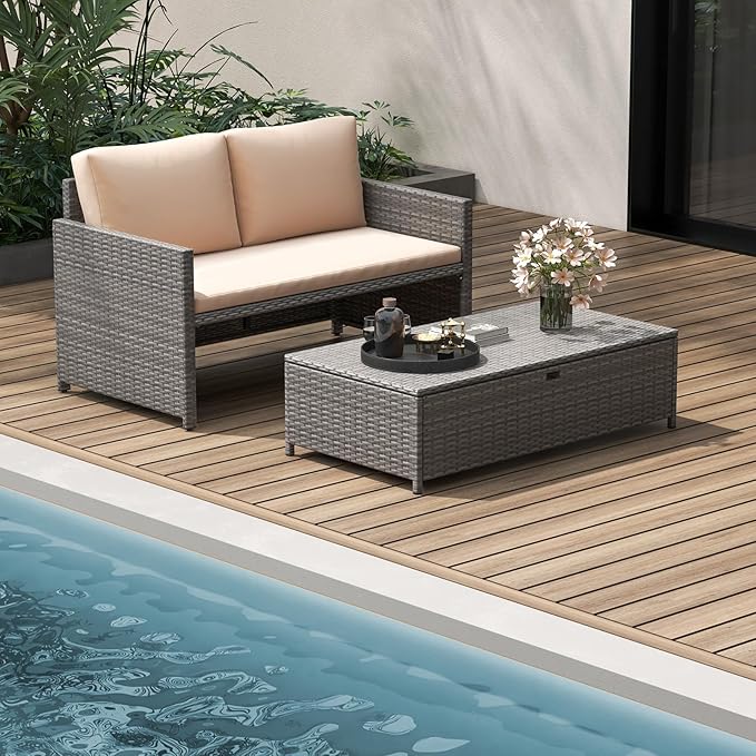 Tangkula Outdoor Rattan Daybed, Wicker Loveseat & 31 Gallon Storage Ottoman w/Soft Cushions - Photo 4