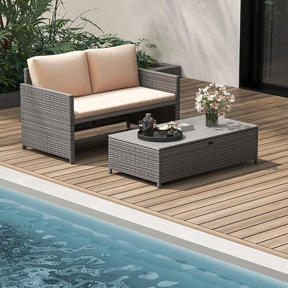 Tangkula Outdoor Rattan Daybed, Wicker Loveseat & 31 Gallon Storage Ottoman w/Soft Cushions, Space-Saving 2-Person Sun Lounger Daybed for Backyard, Porch (Beige)