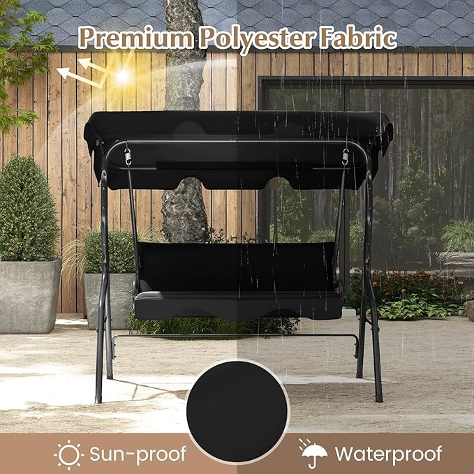 RELAX4LIFE 3-Person Porch Swing Chair - Outdoor Swing w/Adjustable Canopy, Removable Cushion & Metal Frame Stand - Photo 5