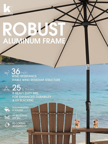 KINGYES Tall Adirondack Chair Set of 2 with 9FT Umbrella, All-Weather HDPE Outdoor Adirondack Barstools with Removable Double Connecting Trays, High Airondack Chair with Wood Grain, Brown