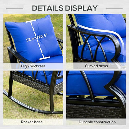 Outsunny Outdoor Wicker Rocking Chair with Padded Cushions, Aluminum Furniture Rattan Porch Rocker Chair w/Armrest for Garden, Patio, and Backyard, Blue