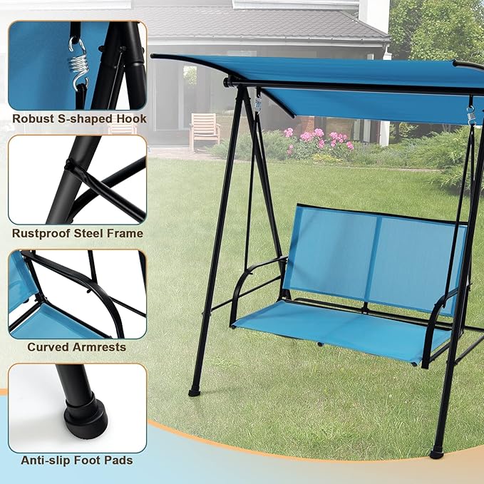 Tangkula 2 Person Porch Swing, Patio Swing with Adjustable Canopy, Comfortable Fabric Seat & Heavy-Duty Steel Frame - Photo 7