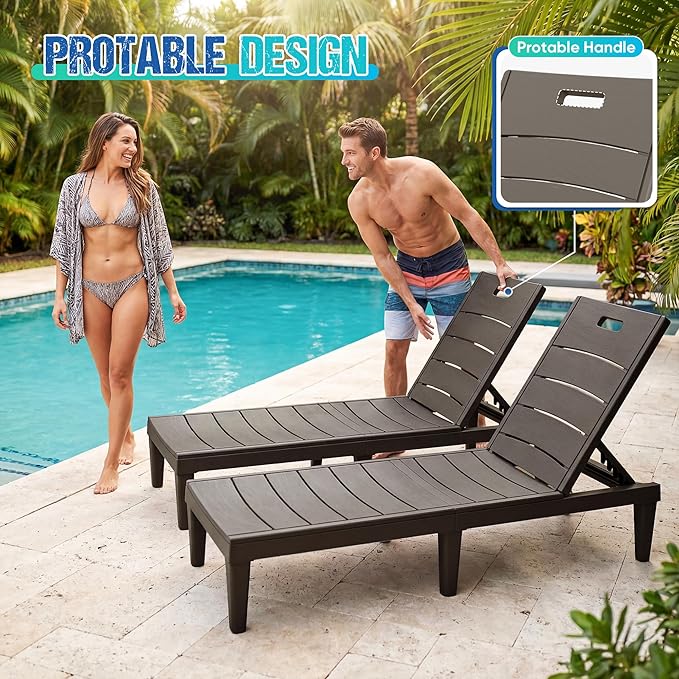 Greesum Outdoor Chaise Lounge Chair Set of 2, Waterproof 5-Position Adjustable PP Sun Loungers for Patio, Poolside, and Beach Sunbathing, Brown