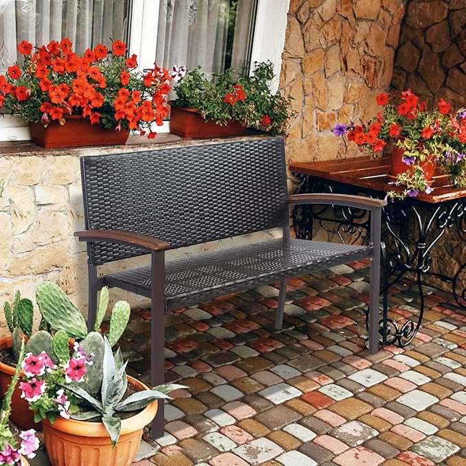 Tangkula 2 Pieces Outdoor Stackable Bench, All-Weather PE Wicker Loveseat with Acacia Wood Armrests, 2-Person Heavy Duty Metal Frame Patio Bench, for Garden, Front Porch, Courtyard