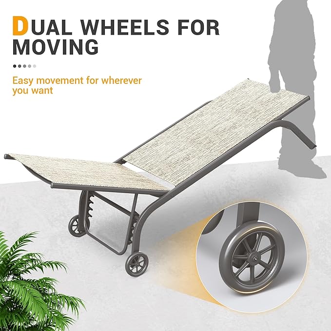 UDPATIO Aluminum Patio Lounge Chairs Set of 2 for Outside with Coffee Table Poolside Chaise Chair with Cushion for Sunbathing 5 Adjustable Position Backrest Outdoor Lounger with Wheels