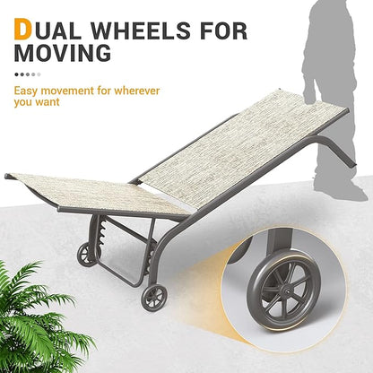 UDPATIO Aluminum Patio Lounge Chairs Set of 2 for Outside with Coffee Table Poolside Chaise Chair with Cushion for Sunbathing 5 Adjustable Position Backrest Outdoor Lounger with Wheels