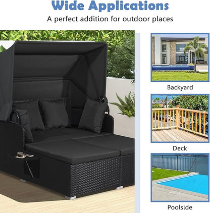 Moccha Outdoor Daybed with Retractable Canopy, Wicker Cabana with 2 Side Tables & Soft Cushions ,Hand-Woven PE Rattan Bed Lounger, Patio Sectional Furniture Set for Garden Backyard Porch (Black)