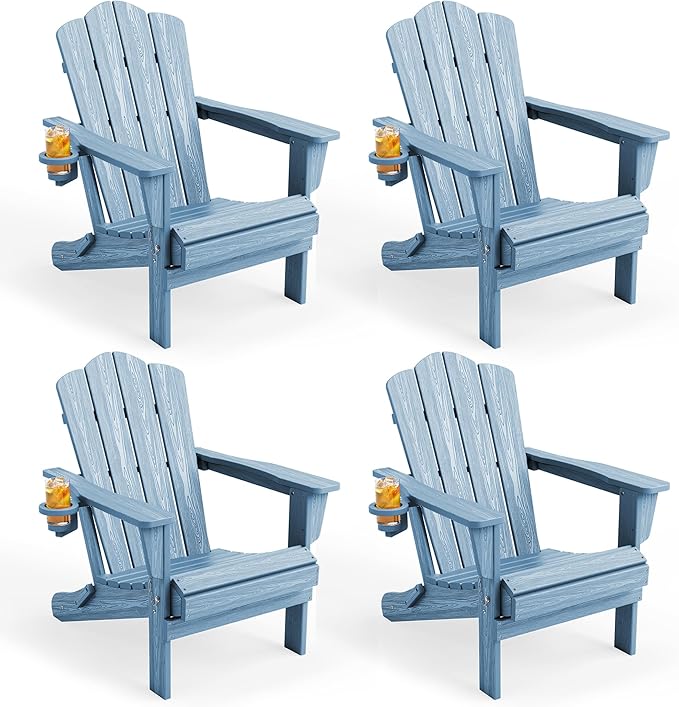 KINGYES Folding Adirondack Chair Set of 4, HDPE All-Weather Folding Adirondack Chair, Light Blue