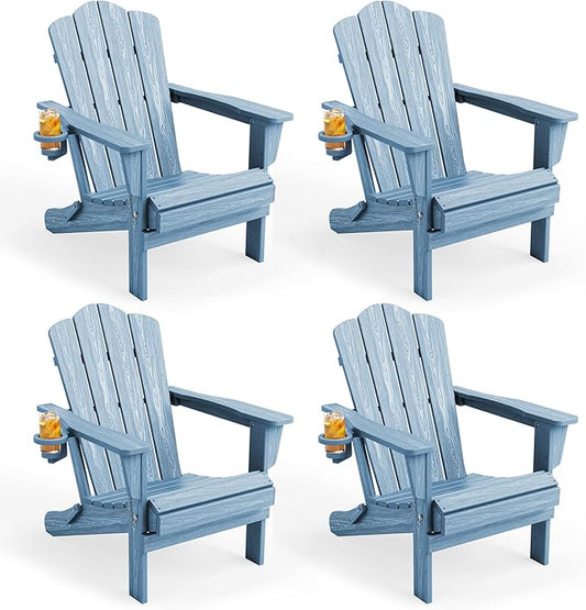 KINGYES Folding Adirondack Chair Set of 4, HDPE All-Weather Folding Adirondack Chair, Light Blue