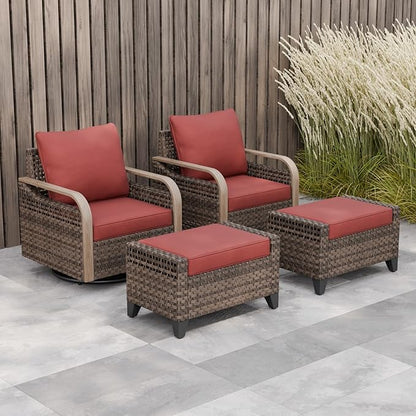 Modern Wicker Outdoor Swivel Rocking Chairs, Rattan Glider Rocker Patio Furniture for Backyard, Deck, Porch, Garden, 2 Chairs 2 Ottomans, Brown/Red