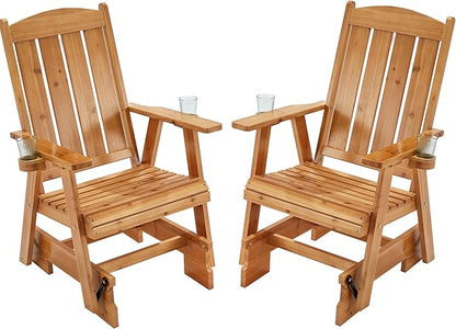 HOMREST Wooden Patio Glider Chair Set of 2 with Cup Holders Heavy Duty 700LBS Outdoor Rocking Chair with Ergonomic Deep Contoured Seat and High Roll Back for Porch Garden Balcony (Brown)