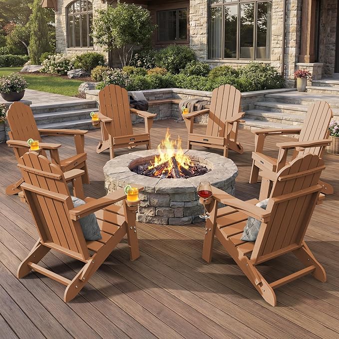 Adirondack Chairs Set of 6, Fire Pit Chairs, Wood Texture Patio Chairs with 2 Cup Holder, Outdoor Lawn Chair, Teak - Photo 1