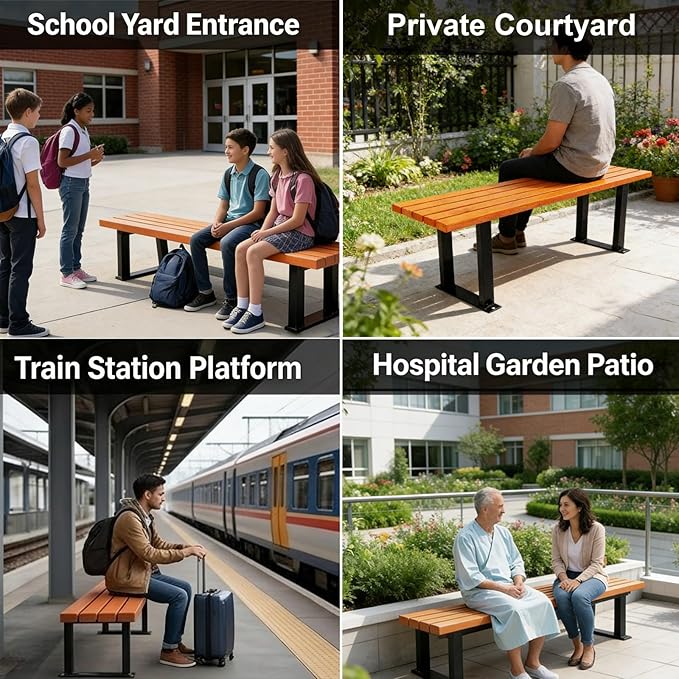 Outdoor Park Garden Bench, Solid Wood Slats and Metal Frame, Weatherproof, Suitable for Patios, Schools, Commercial Spaces(120x33x43cm/47x13x17in)