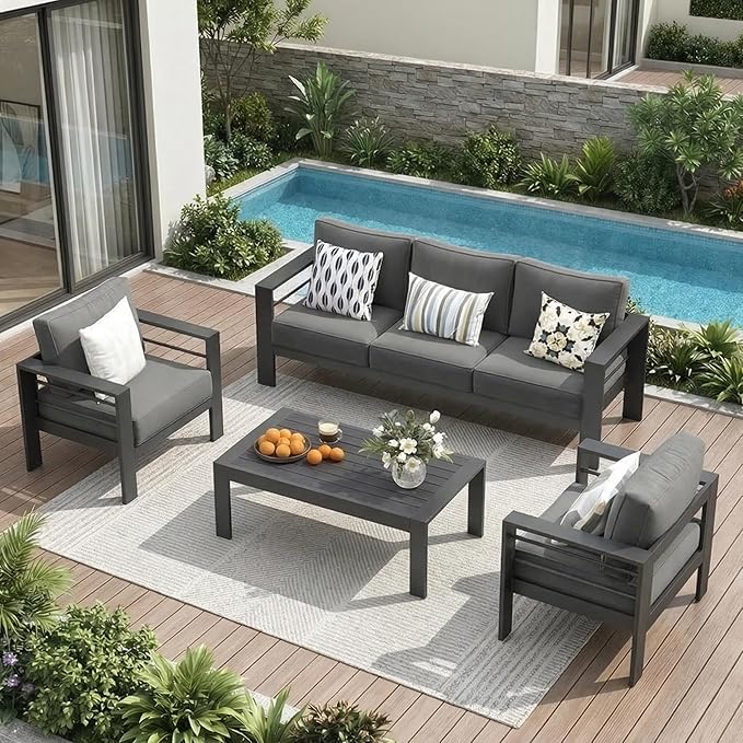 Solaste Aluminum Outdoor Patio Furniture Set, 5 Seats Patio Sectional Sofa with 5" Thick Cushion - Photo 1