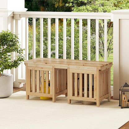 Giantex 2-in-1 Outdoor Bench with 2 Raised Garden Beds, Planter Boxes with Open-Ended Base, Garden Bench Seat for Porch Balcony Lawn Yard, DIY Assembly, Natural