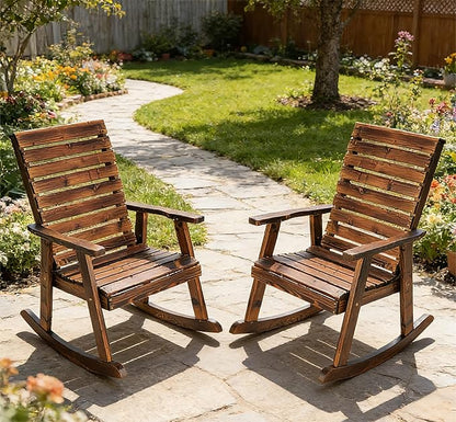 Outdoor Rocking Chairs Set of 2, Patio Wood Rocker Chairs High Back 2PCS Rocking Chairs for Deck, Garden, Backyard, Porch