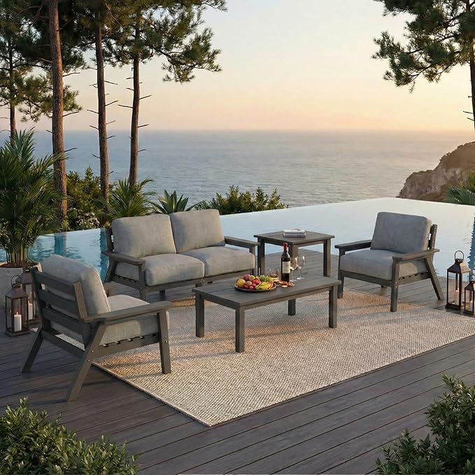 HDPE Patio Furniture Set 4 Seats, Outdoor Couch with Washable Thick Gray Cushions & Coffee Table & Side Table, Outdoor Sectional Furniture for Backyard, Deck, Lawn, Porch (Gray Frame)