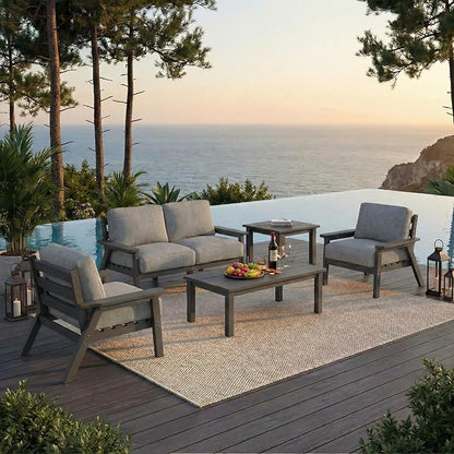HDPE Patio Furniture Set 4 Seats, Outdoor Couch with Washable Thick Gray Cushions & Coffee Table & Side Table, Outdoor Sectional Furniture for Backyard, Deck, Lawn, Porch (Gray Frame)
