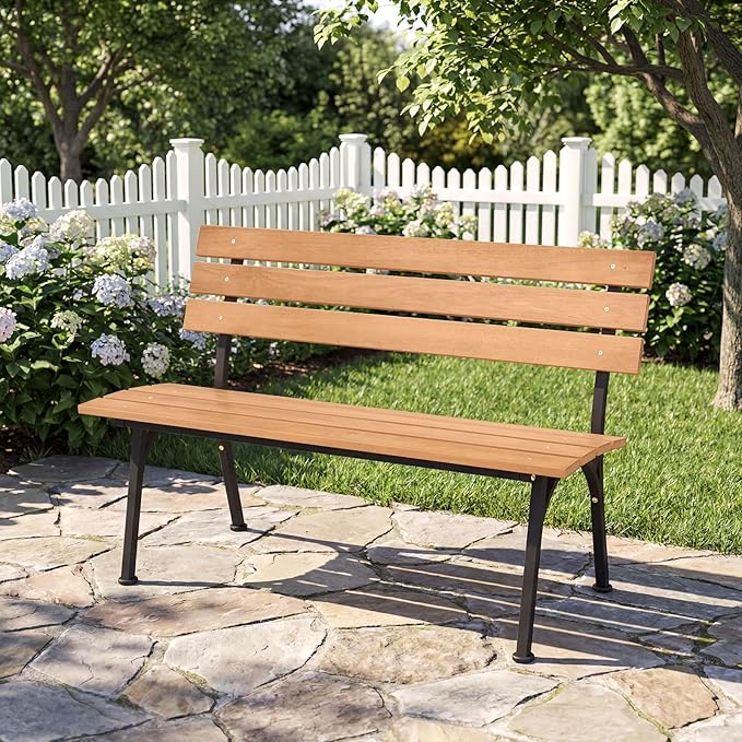 HAPPYGRILL Outdoor Acacia Wood Bench, 2-Person Park Bench with Metal Frame, Slatted Seat and Backrest, Patio Loveseat for Front Porch, Backyard, Garden