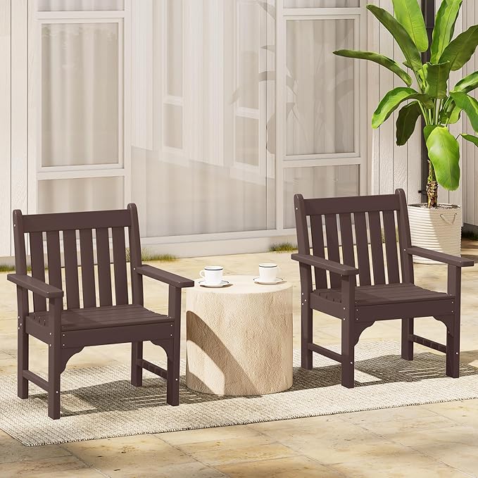 Costaelm Outdoor Dining Arm Chair, Patio HDPE Garden Dining Table Chair, Poly Lumber Waterproof Restaurant Bistro Farmhouse Chairs for Outside Porch Backyard, Dark Brown