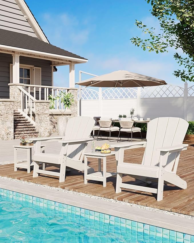 Modern HDPE Plastic Adirondack Chair - Oversize 380 LB Poly Lumber Weather Resistant Firepit Chair - Outdoor Patio Chairs with Wooden Textured for Garden, Backyard, Lawn, Deck, Pool, Porch - White