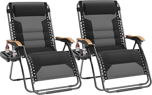 PHI VILLA XXL Oversized Padded Zero Gravity Chair Set of 2, Foldable Patio Recliner, 30" Wide Seat Anti Gravity Lounger with Armrest and Cup Holder, Support 400 LBS (Black)