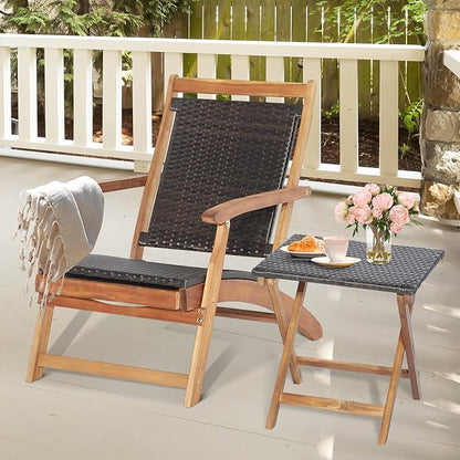 Tangkula Patio Lounge Chair and Side Table Set, Acacia Wood Wicker Folding Table and Armrest Chair with Retractable Ottoman, Outdoor Chaise Lounger for Garden, Backyard, Poolside, Balcony
