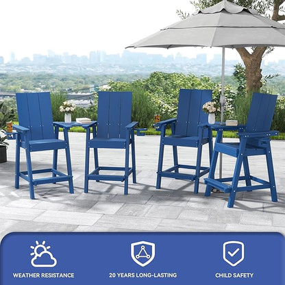 FOOWIN Tall Adirondack Chairs Set of 8,HDPE Adirondack Bar Stools with Connecting Tray & Cup Holders,Weather Resistant Balcony Chair for Outdoor Deck Lawn Pool Backyard Navy Blue